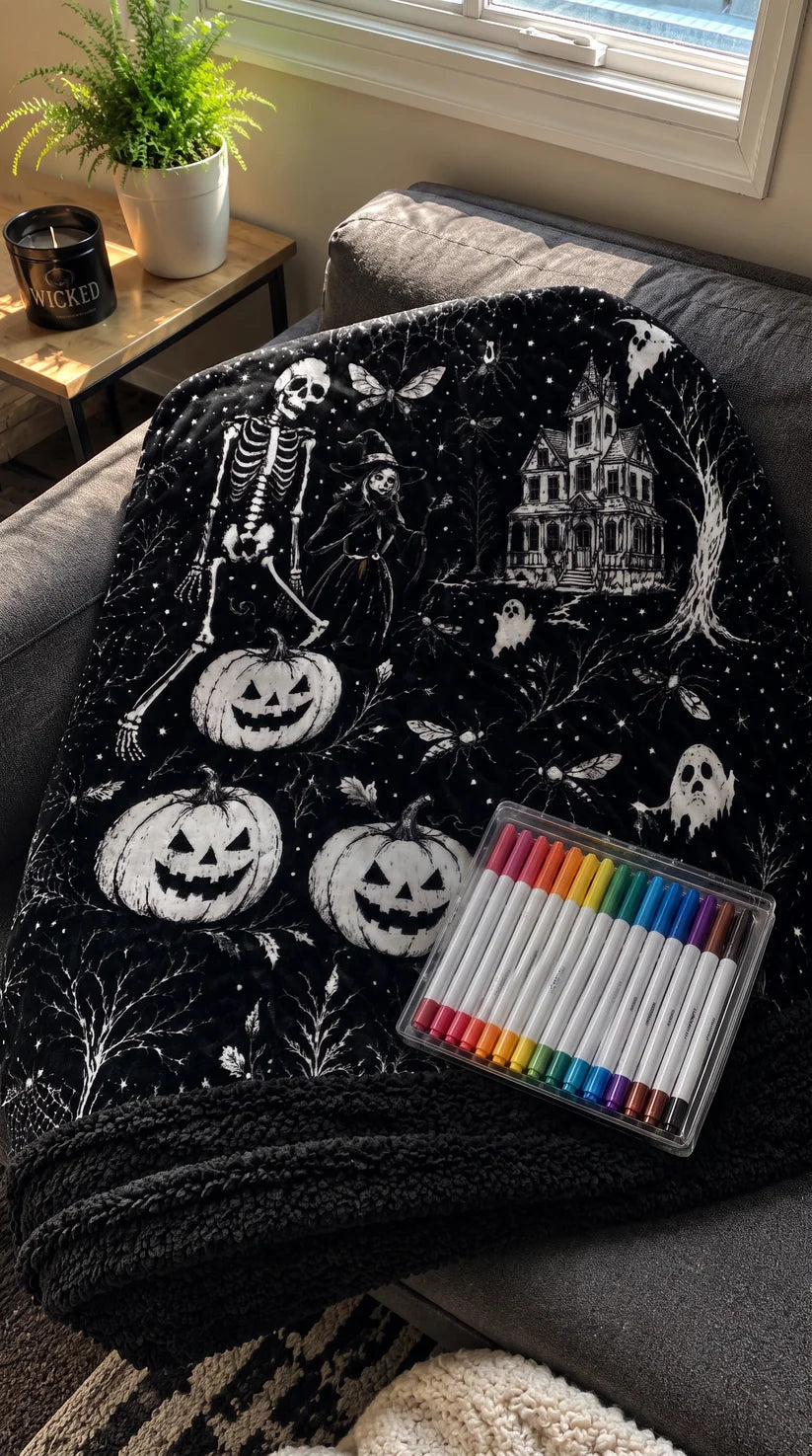 Halloween Coloring Blanket with 24 Washable Markers